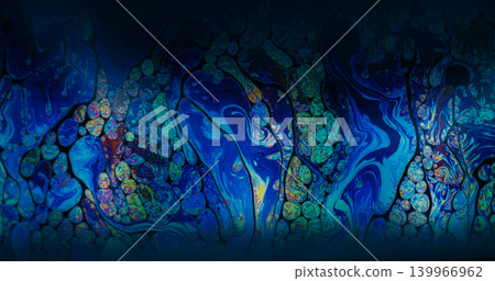 Oil fluid. Gasoline leak. Defocused blue green purple color round bubble liquid paint blend wave floating on abstract dark black art background Oil fluid. Gasoline leak. Defocused blue green purple color round bubble liquid paint blend wave floating on abstract dark black art background 139966962