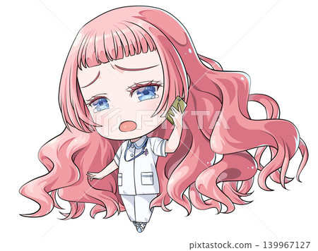 A pink-haired nurse making a phone call on her smartphone. A chibi-style character in the style of Japanese anime. A girl crying while making a phone call. A pink-haired nurse making a phone call on her smartphone. A chibi-style character in the style of Japanese anime. A girl crying while making a phone call. 139967127