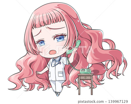 A pink-haired nurse is holding the receiver and talking. A chibi character in the style of Japanese anime. A girl is crying while talking on the phone. A pink-haired nurse is holding the receiver and talking. A chibi character in the style of Japanese anime. A girl is crying while talking on the phone. 139967129