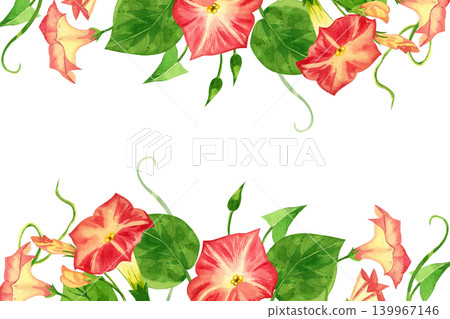 Watercolor rectangular frame of pink convolvulus flowers with green leaves. Everything is hand-painted in watercolor. For decoration of greeting cards, invitations, dishes. High quality illustration. Watercolor rectangular frame of pink convolvulus flowers with green leaves. Everything is hand-painted in watercolor. For decoration of greeting cards, invitations, dishes. High quality illustration. 139967146