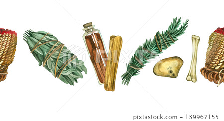Seamless watercolor border from a magic set with herbs, sage, rosemary, bottle, stone and witch stone. Everything is hand-painted in watercolor. A collection of mystical accessories for occult design. Seamless watercolor border from a magic set with herbs, sage, rosemary, bottle, stone and witch stone. Everything is hand-painted in watercolor. A collection of mystical accessories for occult design. 139967155