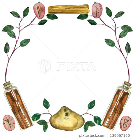 A frame with herbs and mystical objects for divination. Everything is hand-painted, sage, rosemary, runes, magic elixirs, palo Santo, witch stone. Background for business cards, postcards, postcards. A frame with herbs and mystical objects for divination. Everything is hand-painted, sage, rosemary, runes, magic elixirs, palo Santo, witch stone. Background for business cards, postcards, postcards. 139967160