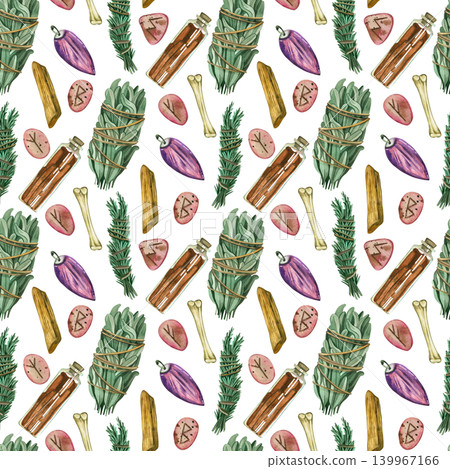 Seamless pattern with watercolor divination attributes such as crystals, sage, rosemary, palo santo, and runes. The design concept of esoteric accessories for magical rituals and spiritual practices. 139967166
