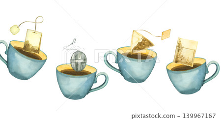 Watercolor painting of blue tea cups with various herbal tea bags and infuser. Hand drawn illustration of hot beverage for cozy morning drink or cafe menu design. Artistic culinary art. Watercolor painting of blue tea cups with various herbal tea bags and infuser. Hand drawn illustration of hot beverage for cozy morning drink or cafe menu design. Artistic culinary art. 139967167