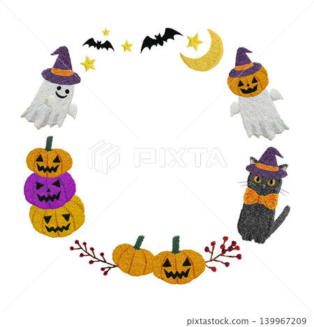 [Halloween Round Frame] Hand-embroidered illustration material 139967209