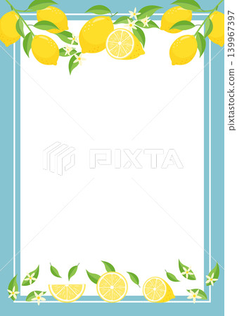 Cut lemon with flowers and branches, framed vertically, light blue border. Cut lemon with flowers and branches, framed vertically, light blue border. 139967397