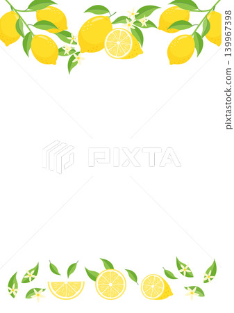 Cut lemon with flowers and branches, framed vertically. 139967398