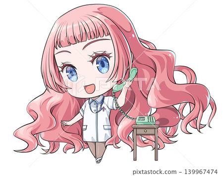 A pink-haired nurse is talking on the phone. A chibi character in the style of Japanese anime. A cheerful-looking girl. 139967474