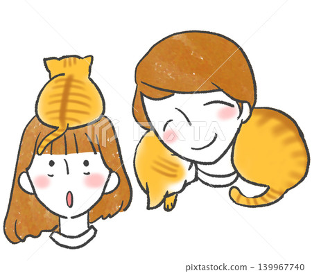 A woman with a cat on her head or shoulder. A woman with a cat on her head or shoulder. 139967740