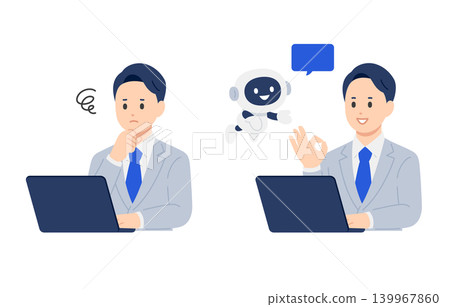A set of vector illustrations of a business professional man solving problems with AI and chatbots. A set of vector illustrations of a business professional man solving problems with AI and chatbots. 139967860