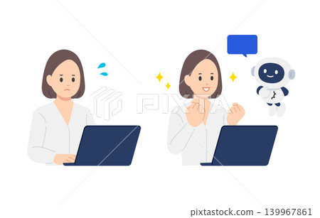 一組向量插圖,描繪了一位女商人如何利用人工智慧和聊天機器人來簡化她的工作流程。 一組向量插圖,描繪了一位女商人如何利用人工智慧和聊天機器人來簡化她的工作流程。 139967861