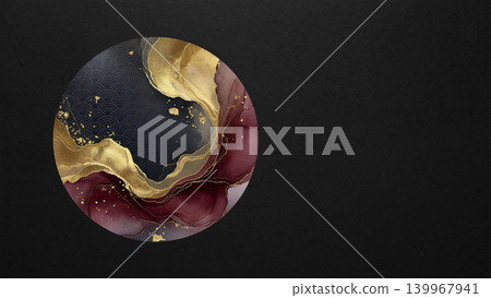 On the left side, a black Japanese paper background with gold and crimson watercolors and a wave pattern blurred in a circular shape. On the left side, a black Japanese paper background with gold and crimson watercolors and a wave pattern blurred in a circular shape. 139967941