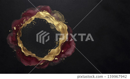 On the left side, a black Japanese paper background with gold and crimson watercolors and a wave pattern blurred in a circular shape. On the left side, a black Japanese paper background with gold and crimson watercolors and a wave pattern blurred in a circular shape. 139967942