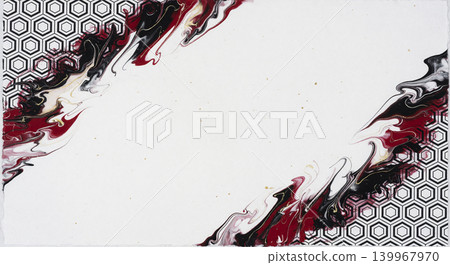 A Japanese-style background material featuring a regular tortoiseshell pattern, with white washi paper and fluid art in sumi black and deep red adorning the diagonals. A Japanese-style background material featuring a regular tortoiseshell pattern, with white washi paper and fluid art in sumi black and deep red adorning the diagonals. 139967970