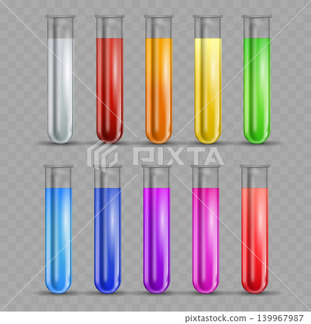 Realistic Glass Test Tube Set. Vector Laboratory Flasks with Colorful Chemical Liquids. Realistic Glass Test Tube Set. Vector Laboratory Flasks with Colorful Chemical Liquids. 139967987