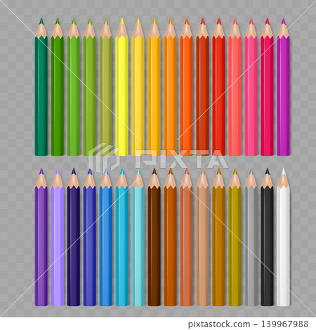 Realistic Colored Pencils Set. Vector Sharpened Wooden Crayon Collection in Rainbow Palette. Realistic Colored Pencils Set. Vector Sharpened Wooden Crayon Collection in Rainbow Palette. 139967988