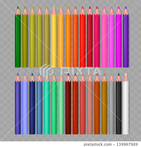 Realistic Colored Pencils Set. Vector Sharpened Wooden Crayon Collection in Rainbow Palette. Realistic Colored Pencils Set. Vector Sharpened Wooden Crayon Collection in Rainbow Palette. 139967989
