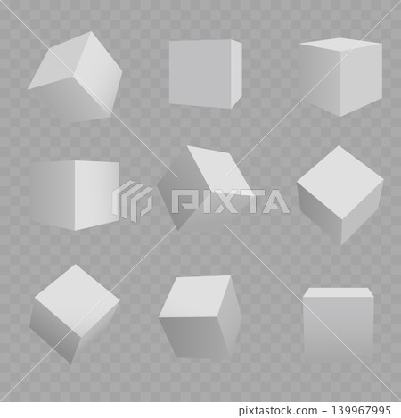 Realistic 3D White Cube Mockup Set. Vector Blank Geometric Box Shapes in Various Perspective Angles. Realistic 3D White Cube Mockup Set. Vector Blank Geometric Box Shapes in Various Perspective Angles. 139967995
