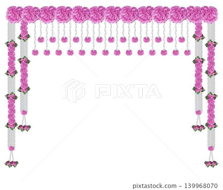Indian wedding and festive backdrop floral garlands with pink hydrangea Indian wedding and festive backdrop floral garlands with pink hydrangea 139968070