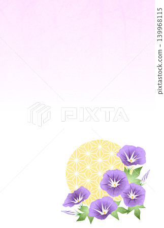 Summer greeting postcard illustration, Japanese pattern ball, morning glory, purple, cute, vertical Summer greeting postcard illustration, Japanese pattern ball, morning glory, purple, cute, vertical 139968115