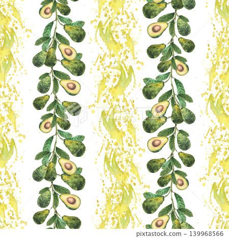 Hanging avocado branches with whole fruits, sliced halves, seeds and leaves in vertical striped seamless pattern. Hand painted with watercolor splashes, stains textured background for textile design. Hanging avocado branches with whole fruits, sliced halves, seeds and leaves in vertical striped seamless pattern. Hand painted with watercolor splashes, stains textured background for textile design. 139968566