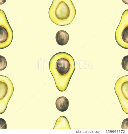 Avocado seamless pattern. Watercolor cut fruit pulp slices with seeds. Hand drawn illustration on isolated yellow coloured background. Striped design for healthy Food fabric, kitchen wallpaper design. Avocado seamless pattern. Watercolor cut fruit pulp slices with seeds. Hand drawn illustration on isolated yellow coloured background. Striped design for healthy Food fabric, kitchen wallpaper design. 139968572