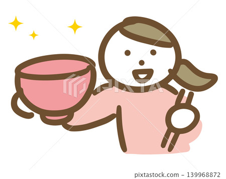 身穿便服的年輕女子飯後手捧空飯碗。 身穿便服的年輕女子飯後手捧空飯碗。 139968872