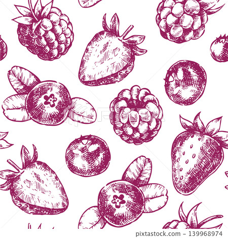 Seamless pattern with strawberries, raspberries, and blueberries. Vector illustration in a vintage sketch style. Seamless pattern with strawberries, raspberries, and blueberries. Vector illustration in a vintage sketch style. 139968974