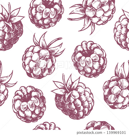 Seamless pattern with raspberries. Vector illustration in vintage sketch style. Seamless pattern with raspberries. Vector illustration in vintage sketch style. 139969101