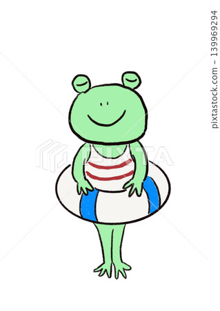 A cute summer greeting card featuring a frog holding a lifebuoy. A cute summer greeting card featuring a frog holding a lifebuoy. 139969294