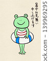 Summer greeting card design featuring a frog illustration on a Japanese paper background. 139969295