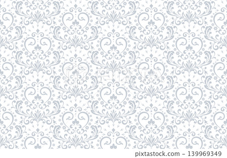 Wallpaper in the style of Baroque. White and gray floral ornament. Seamless vector background. Graphic pattern for fabric, wallpaper, packaging. Ornate Damask flower illustration Wallpaper in the style of Baroque. White and gray floral ornament. Seamless vector background. Graphic pattern for fabric, wallpaper, packaging. Ornate Damask flower illustration 139969349