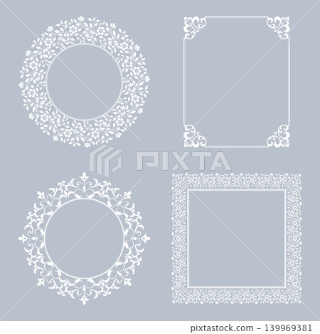 Set of decorative frames Elegant vector element for design in Eastern style, place for text. Floral gray and white frames. Lace illustration for invitations and greeting cards Set of decorative frames Elegant vector element for design in Eastern style, place for text. Floral gray and white frames. Lace illustration for invitations and greeting cards 139969381