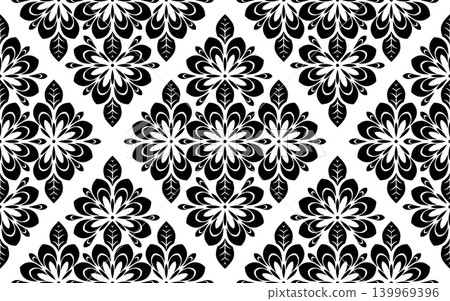 Wallpaper in the style of Baroque. White and black floral ornament. Seamless vector background. Graphic pattern for fabric, wallpaper, packaging. Ornate Damask flower illustration. Wallpaper in the style of Baroque. White and black floral ornament. Seamless vector background. Graphic pattern for fabric, wallpaper, packaging. Ornate Damask flower illustration. 139969396