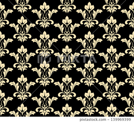 Flower geometric pattern. Seamless vector background. Golden and black ornament. Ornament for fabric, wallpaper, packaging. Decorative print Flower geometric pattern. Seamless vector background. Golden and black ornament. Ornament for fabric, wallpaper, packaging. Decorative print 139969399