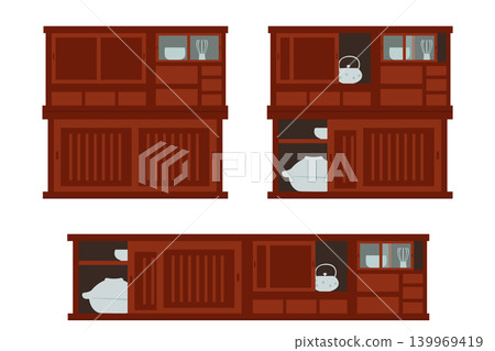 Set of 3 reddish-brown lattice sliding door kitchen cabinets Set of 3 reddish-brown lattice sliding door kitchen cabinets 139969419