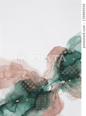 A beautiful Japanese-style background featuring white washi paper and fluid art in peacock green and rose gold. A beautiful Japanese-style background featuring white washi paper and fluid art in peacock green and rose gold. 139969508
