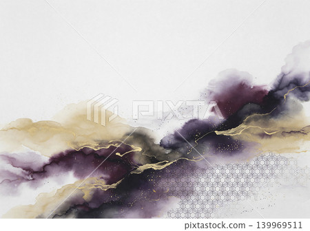 A lustrous Japanese-style background material featuring white washi paper and fluid art in deep purple and champagne gold. A lustrous Japanese-style background material featuring white washi paper and fluid art in deep purple and champagne gold. 139969511