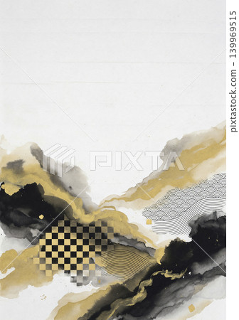 A heavy, traditional Japanese background material featuring white washi paper and fluid art in jet black and brass tones. A heavy, traditional Japanese background material featuring white washi paper and fluid art in jet black and brass tones. 139969515