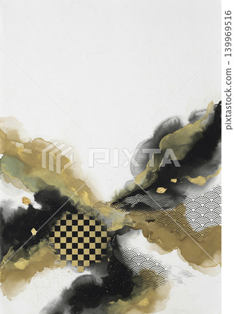 A heavy, traditional Japanese background material featuring white washi paper and fluid art in jet black and brass tones. A heavy, traditional Japanese background material featuring white washi paper and fluid art in jet black and brass tones. 139969516