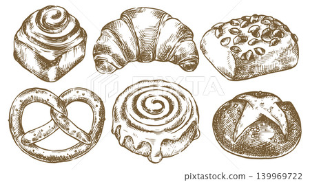 set of pastries, buns, croissant, pretzel. vector illustration in sketch style. vintage set of pastries, buns, croissant, pretzel. vector illustration in sketch style. vintage 139969722