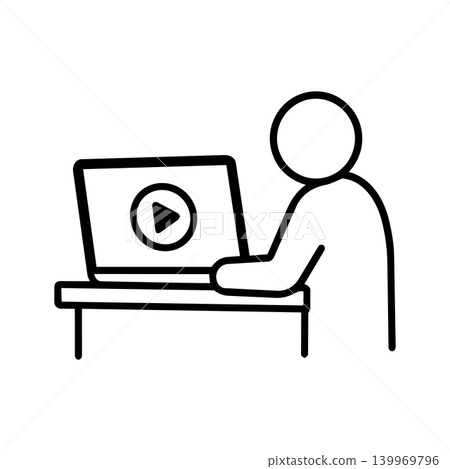 Pictogram of a person watching a video on a laptop; video streaming and online viewing icon. Pictogram of a person watching a video on a laptop; video streaming and online viewing icon. 139969796