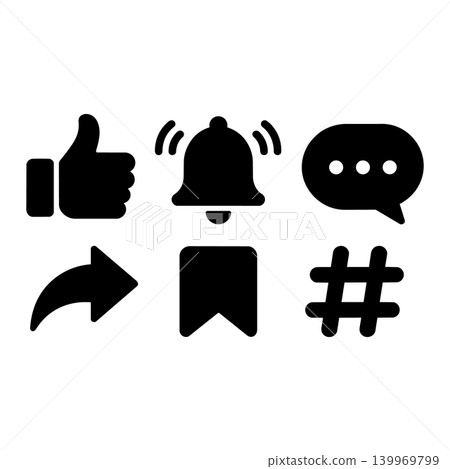 Simple icon set for social media: Like, Notification, Comment, Share icons. Simple icon set for social media: Like, Notification, Comment, Share icons. 139969799