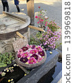 A beautiful scene of hydrangeas in a water basin, adding color to a shrine. 139969818