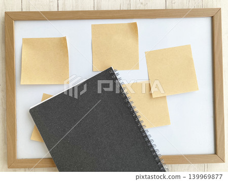 Business idea generation and task management: Craft sticky notes and a black ring notebook attached to a wooden-framed whiteboard. Business idea generation and task management: Craft sticky notes and a black ring notebook attached to a wooden-framed whiteboard. 139969877
