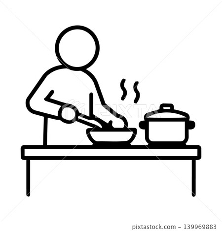 一個人物在煎鍋裡做飯的象形圖；代表家庭烹飪和家常菜的線條圖示。 139969883
