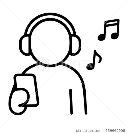 Pictogram of a person listening to music; headphones and smartphone listening icon. Pictogram of a person listening to music; headphones and smartphone listening icon. 139969906