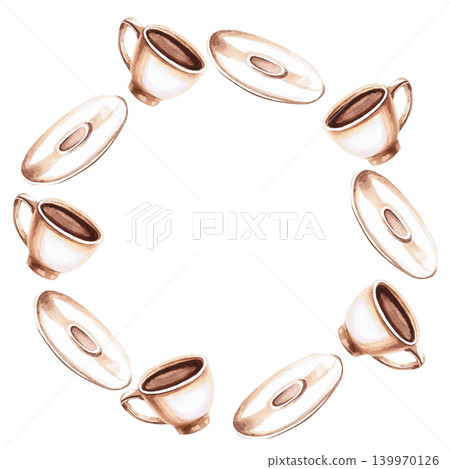 Round frame with coffee cups and saucers. Isolated watercolor illustration. Perfect for branding, advertising, cafe menus, culinary websites, and interior design. 139970126