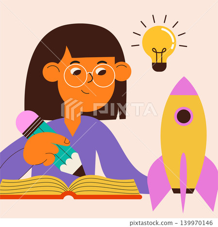 Girl developing creative ideas with rocket and light bulb. Kids science education concept Girl developing creative ideas with rocket and light bulb. Kids science education concept 139970146