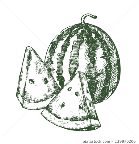 Juicy watermelon. Vector illustration in vintage sketch style. Juicy watermelon. Vector illustration in vintage sketch style. 139970206